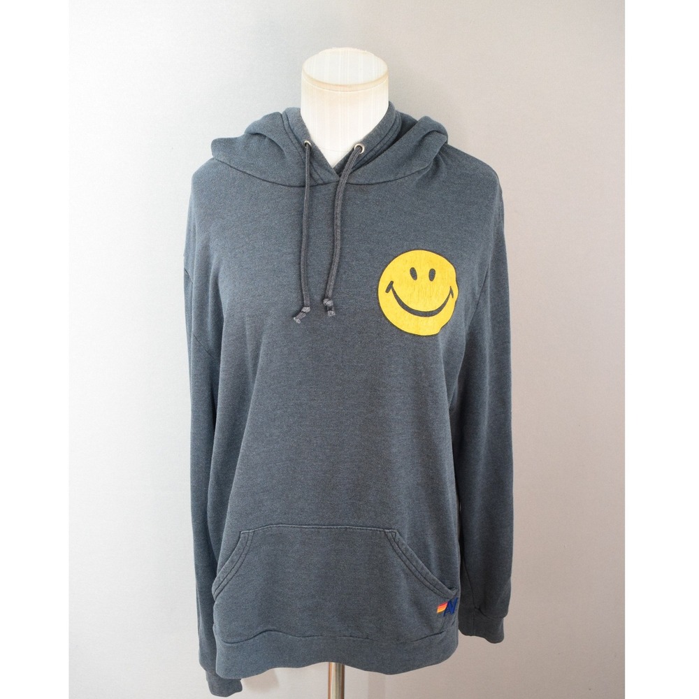 Aviator Nation Hoodie XL Gray Smiley Face Pullover Women Relaxed California Surf